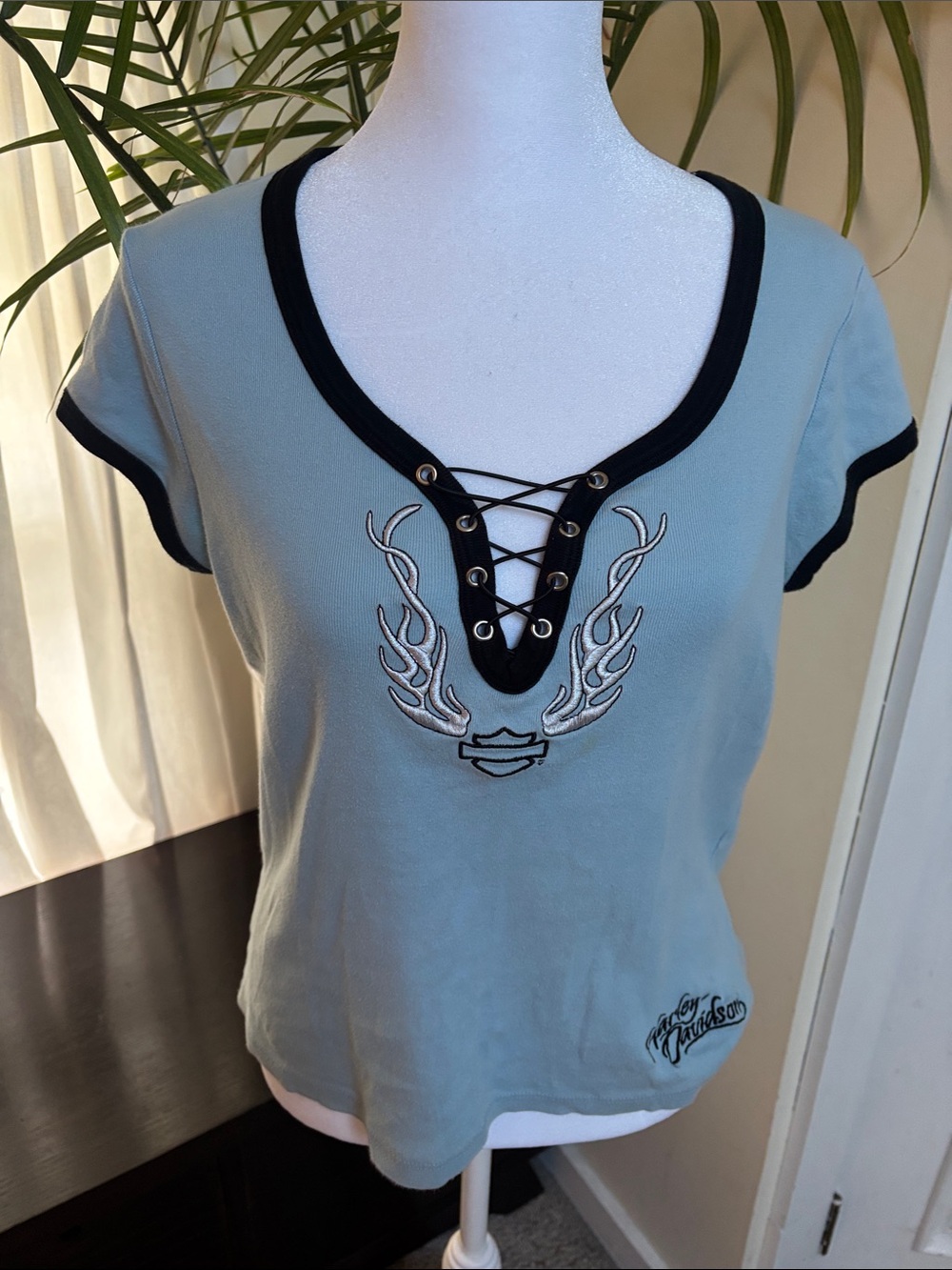 Harley-Davidson Light Blue Lace-Up V-Neck Tee with Black Trim